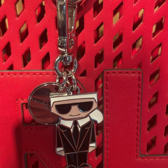 Karl Lagerfeld NWOT 2 Piece Red Leather Laser Cut Bag & Pouch Satchel/Crossbody - Picture 3 of 13